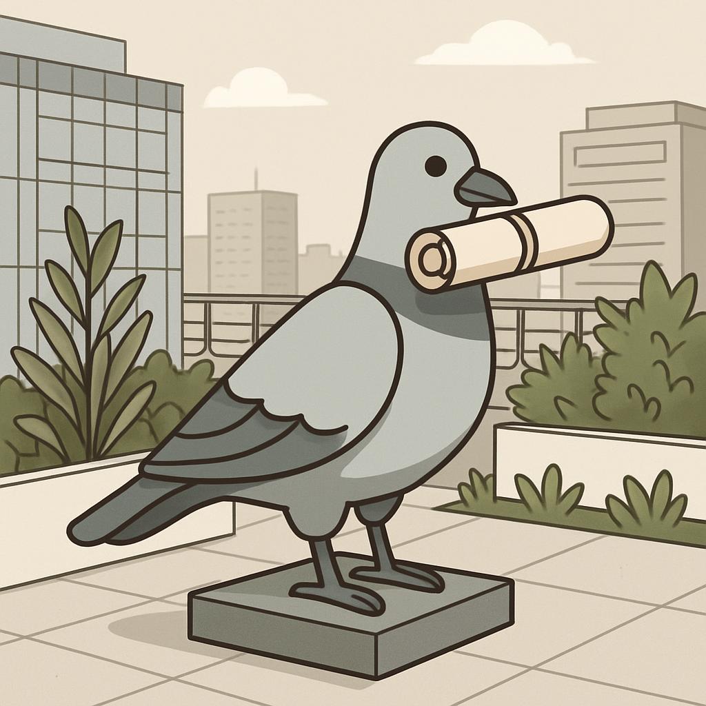 Bild eines kleinen Vierbeiners, der mit dem Maul ein Zylinderstück getragen und in einer Stadt gesetzt hat. Hintergrund: L...